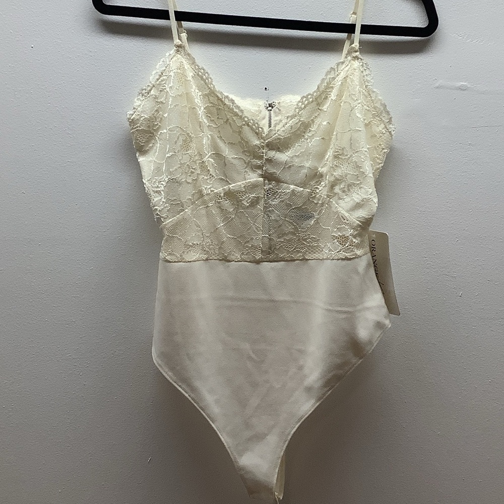Orange Kiss Size Large Lace Satin Bodysuit in Cream. New With Tags.